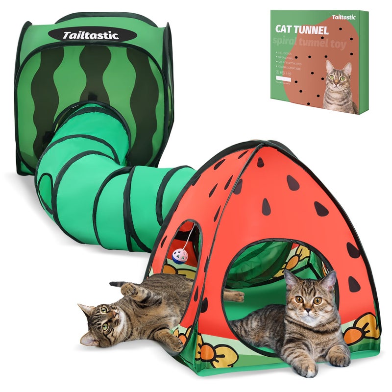 Tailtastic 3-in-1 Watermelon Cat Play Tunnel with Pop-Up Cube & Triangle Cat Tent, Interactive Toy Ball & Foldable Design - Easy Magic Tape Assembly Tunnels for Indoor Cats - Image 1