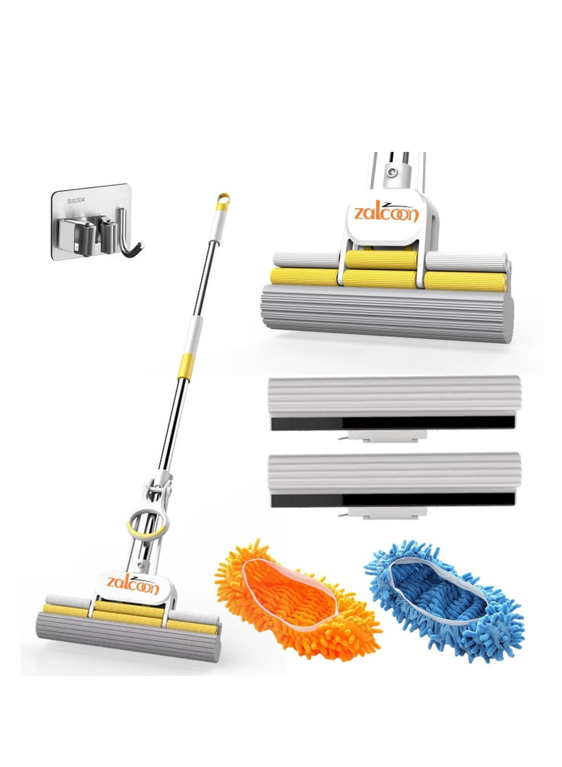 Zalcoon Magic PVA Quadruple Rollers Telescopic Sponge Mop 27cm, with 2 Super Absorbent PVA Sponge Refills, 2 Mop Slippers & 1 Mop Holder, Household Cleaning Tool for Kitchen, Tiles, Multi-Surface Hard Floor - Image 1