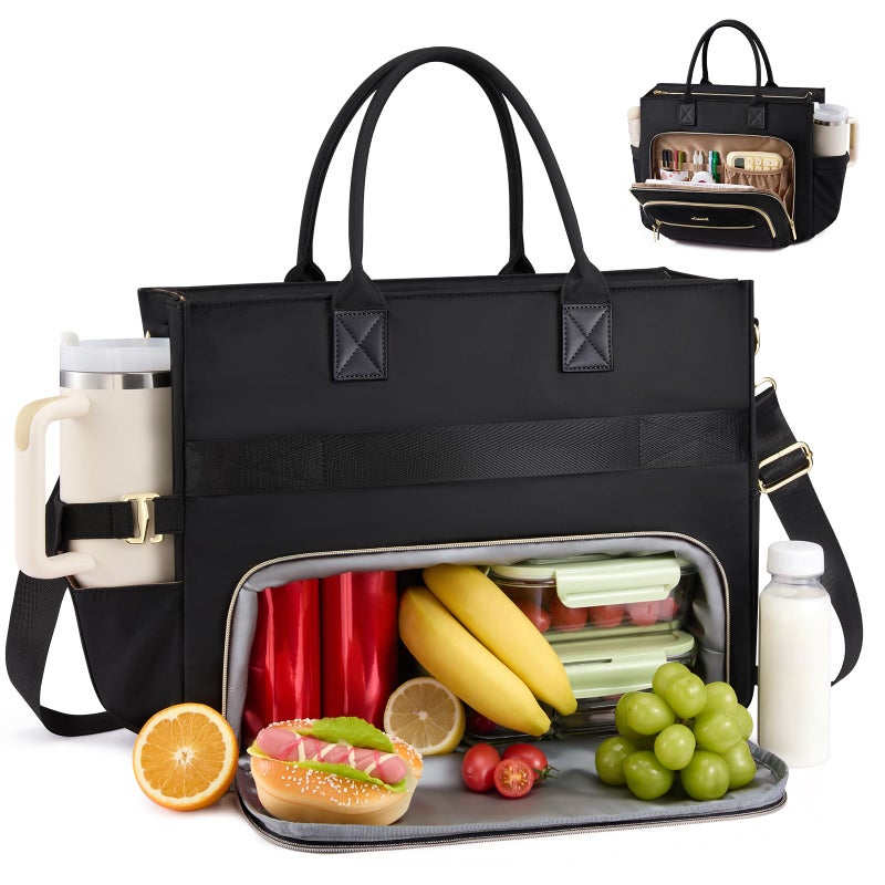 LOVEVOOK Insulated Lunch Bag,2-in-1 Work Tote Bag with Lunch Compartment,Large Capacity Professional Work Bag for Women,15.6 Inch Laptop Bag with Cup Holder for Teacher,Nurse,College,Office,Travel - Image 1