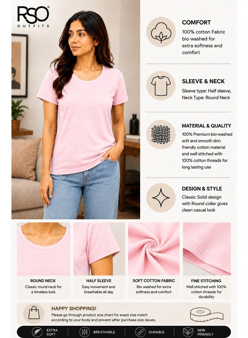 RSO Outfits Regular Fit Solid Cotton Half Sleeves Round Neck Women's T-Shirt Light Pink - Image 5