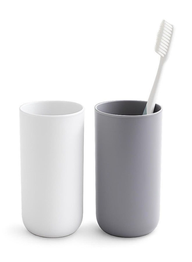 Xosjska 2 Pieces Toothbrush Cup Plastic Bathroom Tumbler Cup Unbreakable Toothbrush Holder Non-Slip Bathroom Mouthwash Cups Reusable Organizer Tumbler Cups for Counter Organizer, 300ml(White & Grey) - Image 1