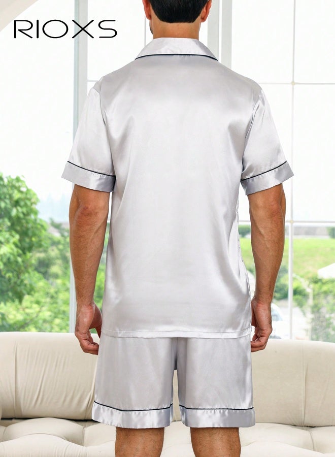 ريوكس طقم بيجامة رجالي أبيض بياقة مفتوحة، أكمام قصيرة وشورت،  ملابس منزلية قابلة للتنفس مع جيب على الصدر، ملابس نوم بأزرار، ملابس منزلية مريحة للصيف، ملابس نوم صيفية جيدة التهوية لمن يعانون من الحر أثناء النوم - Image 2