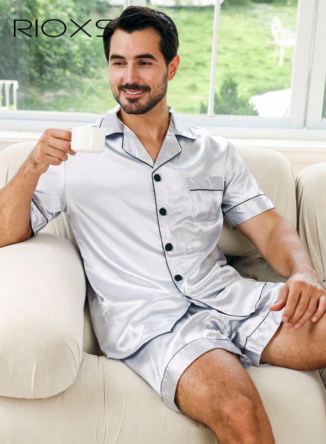 ريوكس طقم بيجامة رجالي أبيض بياقة مفتوحة، أكمام قصيرة وشورت،  ملابس منزلية قابلة للتنفس مع جيب على الصدر، ملابس نوم بأزرار، ملابس منزلية مريحة للصيف، ملابس نوم صيفية جيدة التهوية لمن يعانون من الحر أثناء النوم - Image 5