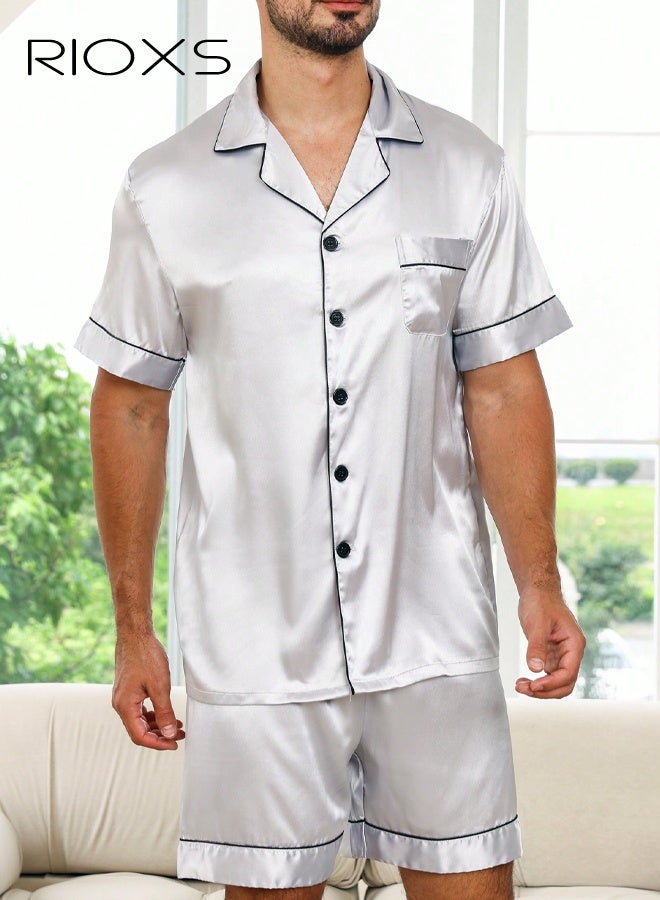 ريوكس طقم بيجامة رجالي أبيض بياقة مفتوحة، أكمام قصيرة وشورت،  ملابس منزلية قابلة للتنفس مع جيب على الصدر، ملابس نوم بأزرار، ملابس منزلية مريحة للصيف، ملابس نوم صيفية جيدة التهوية لمن يعانون من الحر أثناء النوم - Image 1