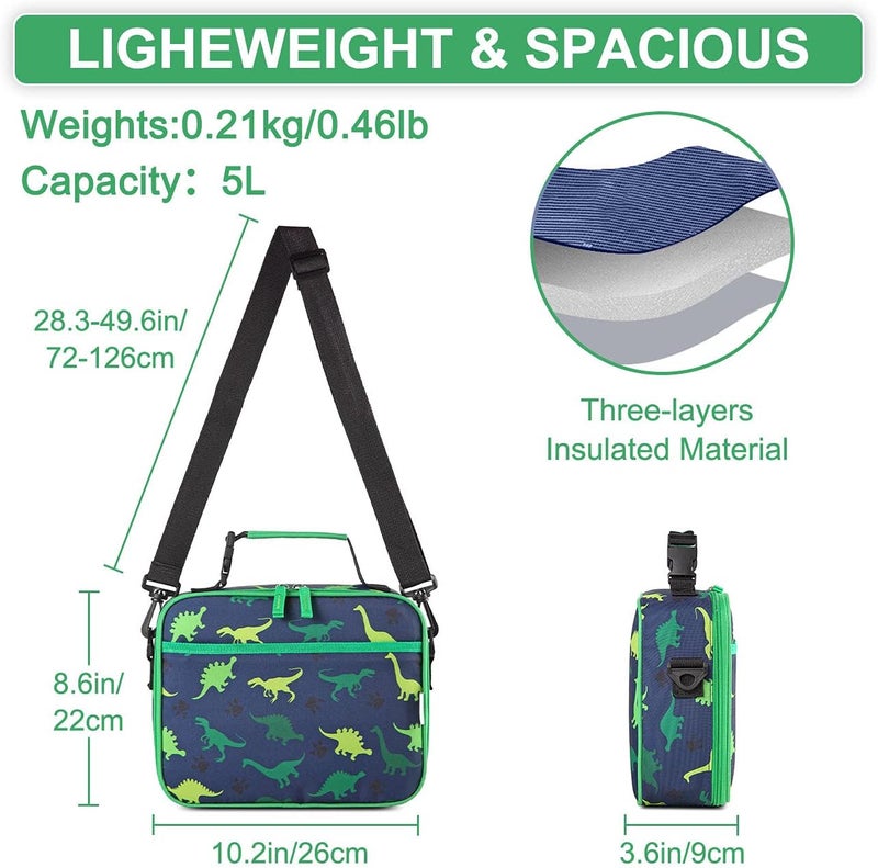 Vaschy Lunch Box Bag for Kids, Reusable Insulated Lunch Box Containers Coolers for Toddler Boys and Girls with Detachable Shoulder Strap for Daycare School Dinosaurs - Image 3
