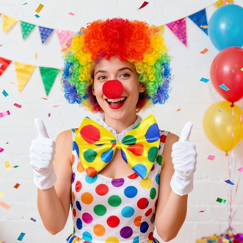 jiebor Clown Costume Set Clown Rainbow Wig Nose Bow Tie White Gloves Accessories for Parties Carnivals Pretend Play Women Men Adults - Image 3
