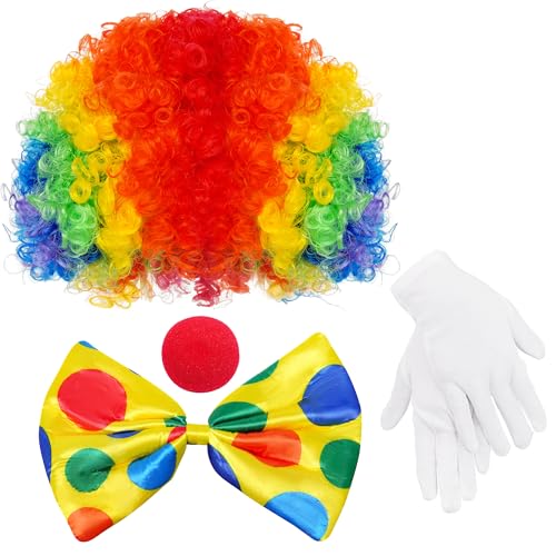 jiebor Clown Costume Set Clown Rainbow Wig Nose Bow Tie White Gloves Accessories for Parties Carnivals Pretend Play Women Men Adults - Image 1