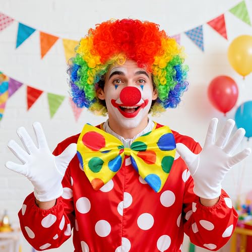 jiebor Clown Costume Set Clown Rainbow Wig Nose Bow Tie White Gloves Accessories for Parties Carnivals Pretend Play Women Men Adults - Image 4