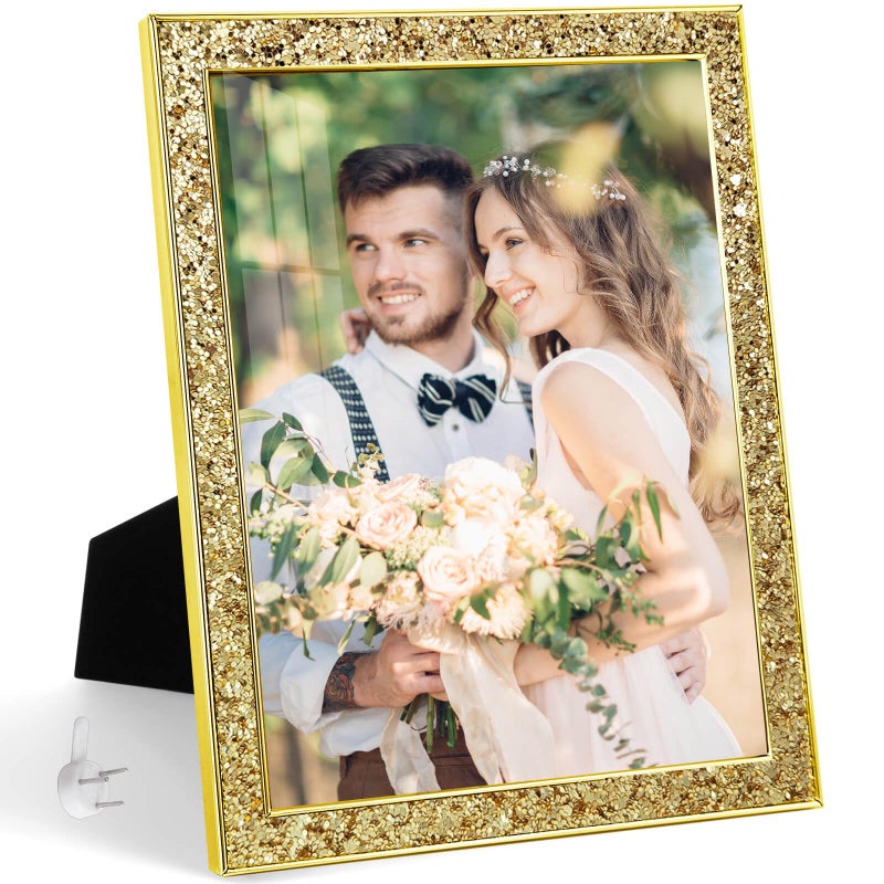 HIKWADERY 8x10 Picture Frame Glitter  Gold Bling 8 by 10 Photo Frames with HD Real Glass  for Wall or Tabletop Display (8 x 10  Gold) - Image 1