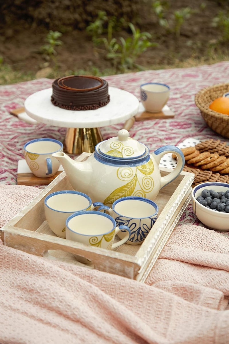 Caffeine طقم شاي فلورا الأزرق من السيراميك المصنوع يدويًا 15 قطعة آمن للاستخدام في الميكروويف وغسالة الصحون - Image 2