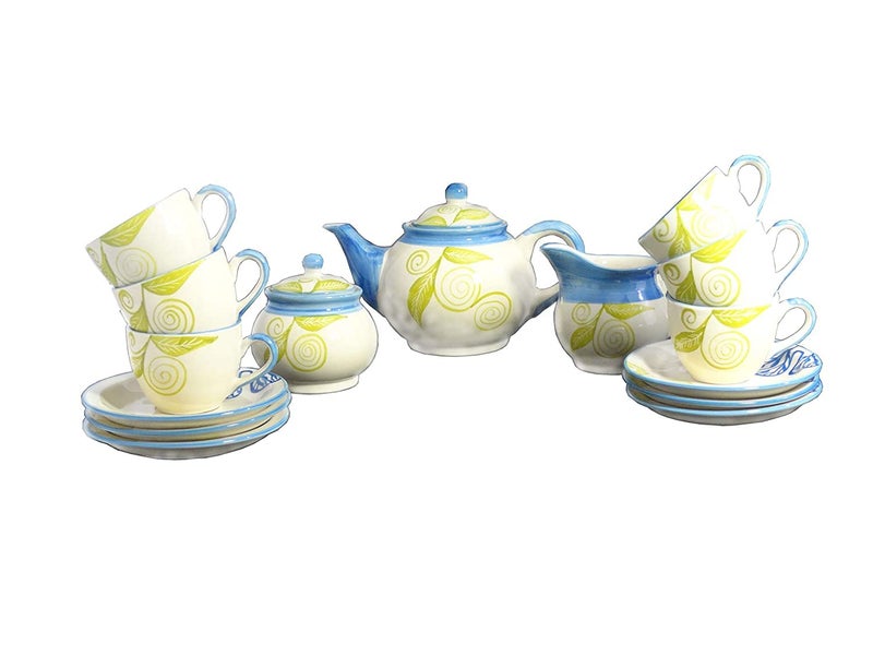 Caffeine طقم شاي فلورا الأزرق من السيراميك المصنوع يدويًا 15 قطعة آمن للاستخدام في الميكروويف وغسالة الصحون - Image 5