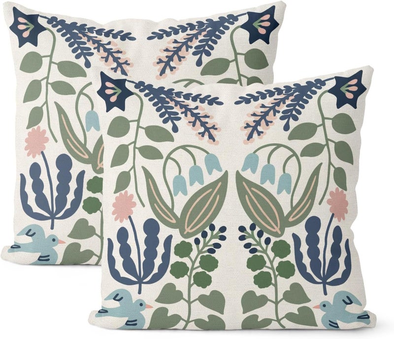 GOLIANDA Boho Navy Blue Green Flower Pillow Covers 16x16 Inch Set of 2 Sage Green Floral Throw Pillows Vintage Flower Outdoor Pillowcase Linen Seasonal Decorations Farmhouse Cushion Case for Sofa Home - Image 1