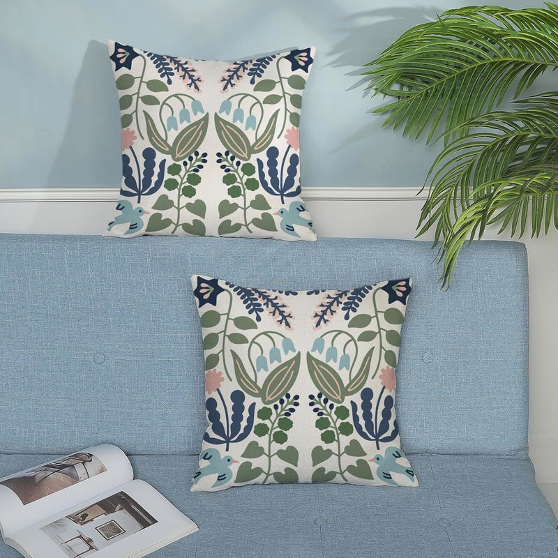 GOLIANDA Boho Navy Blue Green Flower Pillow Covers 16x16 Inch Set of 2 Sage Green Floral Throw Pillows Vintage Flower Outdoor Pillowcase Linen Seasonal Decorations Farmhouse Cushion Case for Sofa Home - Image 4