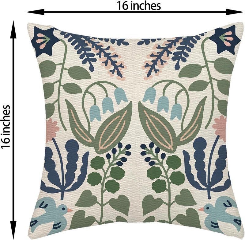 GOLIANDA Boho Navy Blue Green Flower Pillow Covers 16x16 Inch Set of 2 Sage Green Floral Throw Pillows Vintage Flower Outdoor Pillowcase Linen Seasonal Decorations Farmhouse Cushion Case for Sofa Home - Image 2