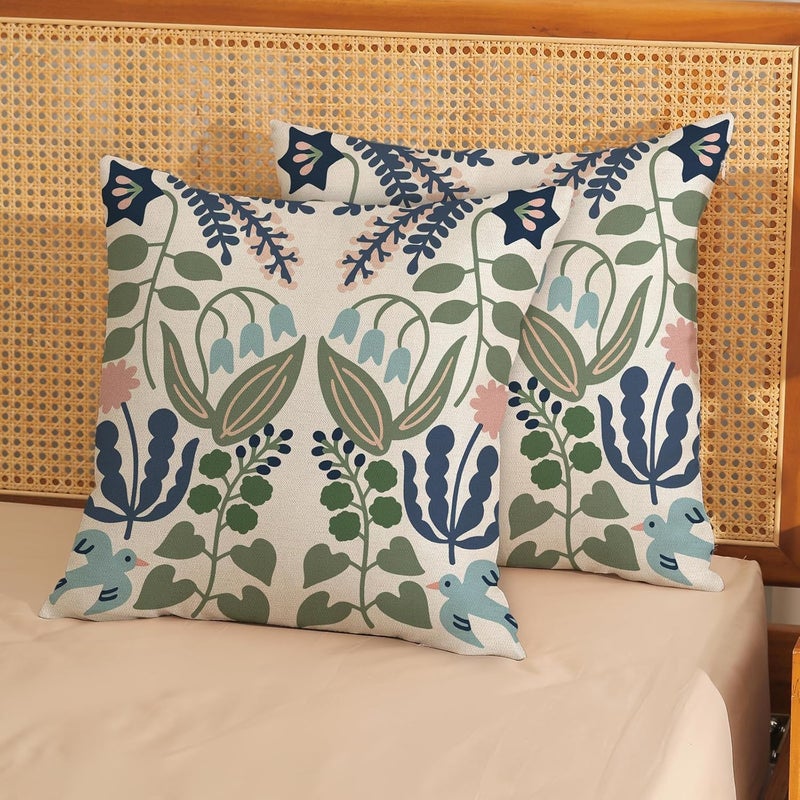 GOLIANDA Boho Navy Blue Green Flower Pillow Covers 16x16 Inch Set of 2 Sage Green Floral Throw Pillows Vintage Flower Outdoor Pillowcase Linen Seasonal Decorations Farmhouse Cushion Case for Sofa Home - Image 3