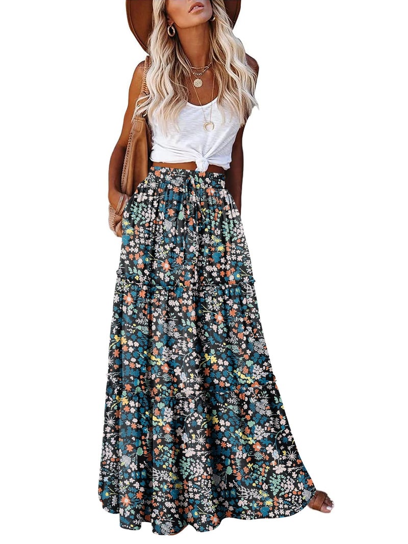onlypuff Maxi Skirt for Women Boho Western Skirts High Waist Long Skirt with Pockets Fall Festival Outfits Clothing FloralPrint XL - Image 1