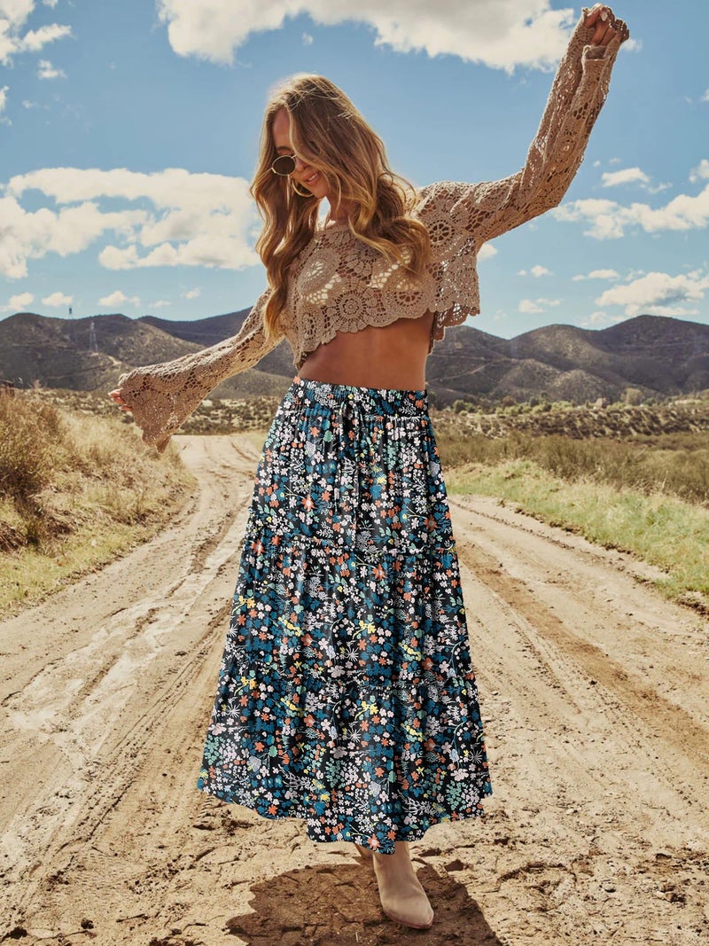 onlypuff Maxi Skirt for Women Boho Western Skirts High Waist Long Skirt with Pockets Fall Festival Outfits Clothing FloralPrint XL - Image 2