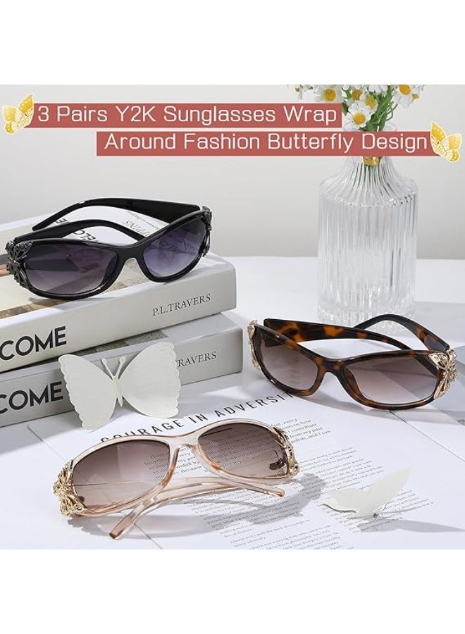 3 Pairs Y2K Sunglasses for Women, Fashion Wrap Around Butterfly Design Sun Glasses with UV400 Protection - Image 4
