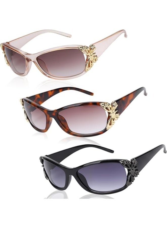 3 Pairs Y2K Sunglasses for Women, Fashion Wrap Around Butterfly Design Sun Glasses with UV400 Protection - Image 1