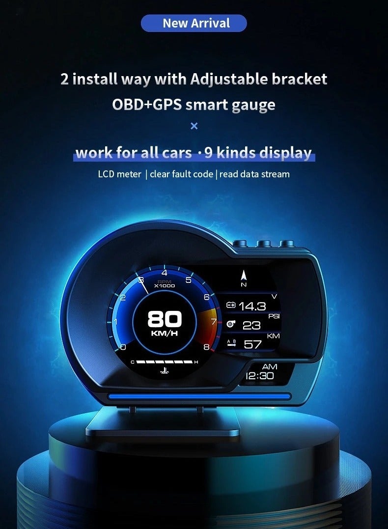 Generic Car HUD Head Up Display P6, OBD Gauge Display+GPS Speedometer Dual System Smart Gauge Display, speed alarm, water temperature alarm, Works Great for Most Cars  - Image 2