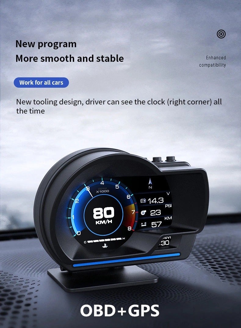 Generic Car HUD Head Up Display P6, OBD Gauge Display+GPS Speedometer Dual System Smart Gauge Display, speed alarm, water temperature alarm, Works Great for Most Cars  - Image 3