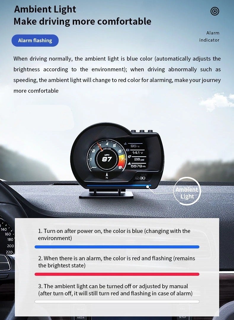 Generic Car HUD Head Up Display P6, OBD Gauge Display+GPS Speedometer Dual System Smart Gauge Display, speed alarm, water temperature alarm, Works Great for Most Cars  - Image 5