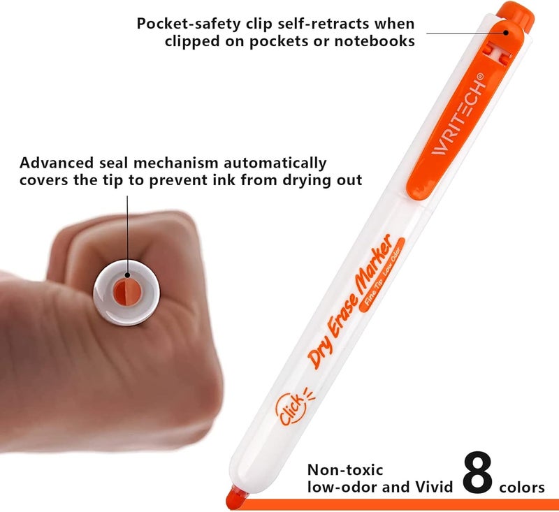 WRITECH Retractable Dry Erase Markers: Fine Tip Assorted Colors Low Odor Multi Colored Set Refillable Clickable Multicolor Thin Point Whiteboard Marker Bulk 12ct No Bleed Smear - Image 4