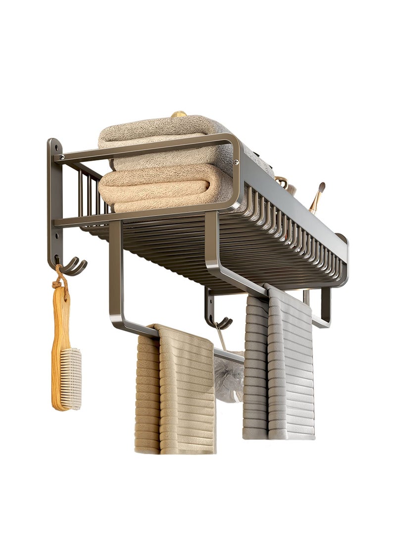 SYOSI Towel Racks for Bathroom, 23 Inches Bathroom Shelves, Shower Shelf with 2 Towel Bar, Towel Holder with Hooks for Bath Wall Mounted, Bathroom Towel Organizer Storage for Towels (Black) - Image 1