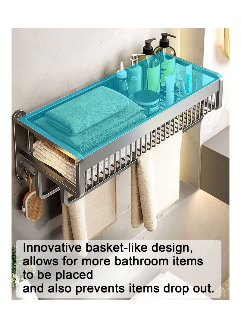 SYOSI Towel Racks for Bathroom, 23 Inches Bathroom Shelves, Shower Shelf with 2 Towel Bar, Towel Holder with Hooks for Bath Wall Mounted, Bathroom Towel Organizer Storage for Towels (Black) - Image 2