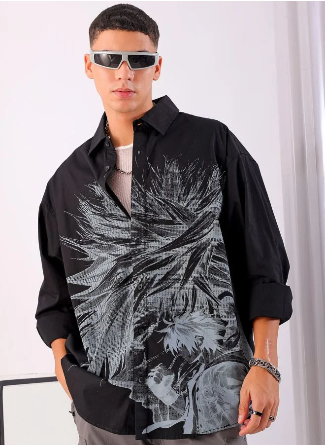 شركة المرآب الهندية Men Oversized Anime Graphic Printed Self Fold Placket Oversized Street wear Korean Shirt