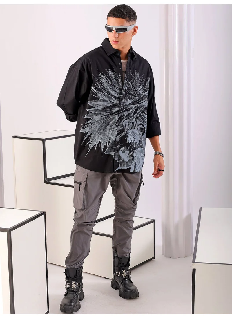 مرفوعة Men Oversized Anime Graphic Printed Self Fold Placket Oversized Street wear Korean Shirt