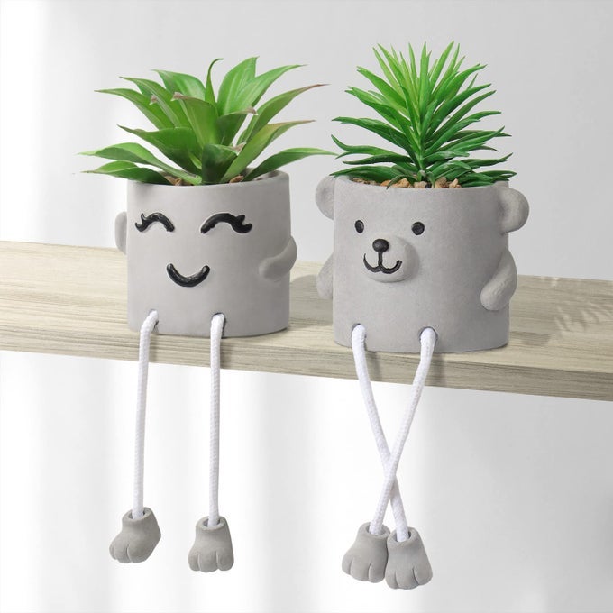 SET OF 2 FAKE PLANTS WITH CEMENT POTTED ARTIFICIAL PLANTS INDOOR SMALL ARTIFICIAL PLANTS IN POTS MINI FAKE SUCCULENT PLANT DESK PLANT DECOR FOR HOME OFFICE TABLE DESK LIVING ROOM SHELVES
