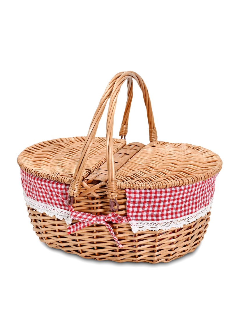 زيريفام zerifam نزهة سلال - الخوص سلال نزهة مع مقابض ، ومن ناحية المنسوجة سلال التخييم مع غطاء ، سلال التخزين في الهواء الطلق التخييم الأطراف ، الشواء ، والفواكه والوجبات الخفيفة . ( شبكة القماش الأحمر ) - Image 1