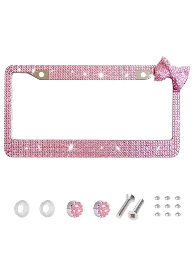 Wanheart Bling License Plate Frame for Women, Premium Stainless Steel Rhinestone License Plate Holder,Handmade Glitter Crystal Diamond Girl Lincense Plate Tag Cover (Pink + Pink Bow) - Image 1