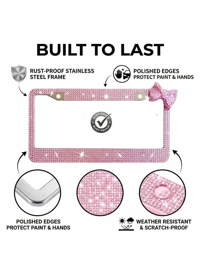 Wanheart Bling License Plate Frame for Women, Premium Stainless Steel Rhinestone License Plate Holder,Handmade Glitter Crystal Diamond Girl Lincense Plate Tag Cover (Pink + Pink Bow) - Image 4