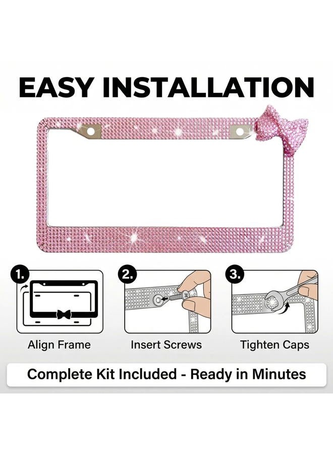 Wanheart Bling License Plate Frame for Women, Premium Stainless Steel Rhinestone License Plate Holder,Handmade Glitter Crystal Diamond Girl Lincense Plate Tag Cover (Pink + Pink Bow) - Image 3