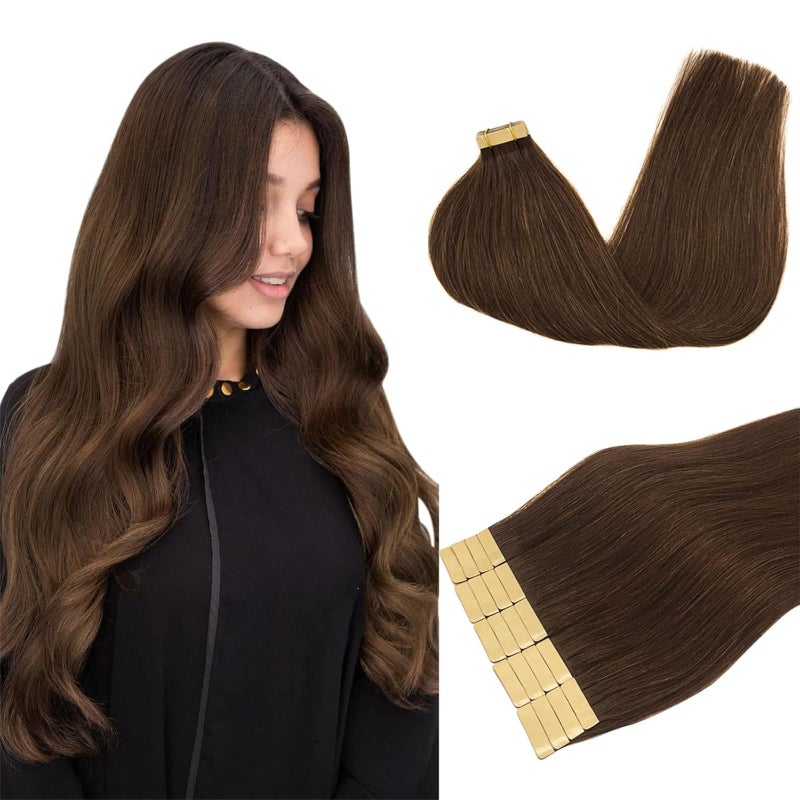 DOORES Tape in Hair Extensions Human Hair Chocolate Brown 20 Inch 20pcs 50g Remy Human Hair Extensions Straight Real Hair Extensions