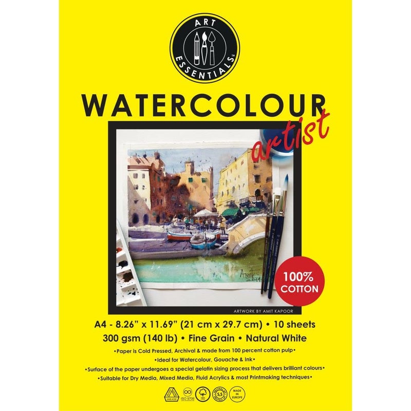 Art Essentials ورق مائي للفنانين من آرت إيسينشالز A4 أبيض طبيعي مضغوط بارد 300 GSM 100% قطن، عبوة من 10 أوراق، أوراق خالية من الحمض للرسم بالألوان المائية، الغواش، الحبر، الأكريليك، الوسائط المختلطة، الرسم، التلوين - Image 4