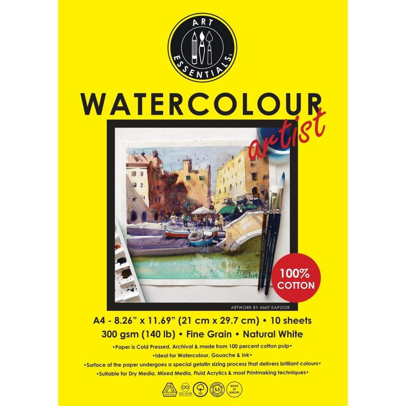 Art Essentials ورق مائي للفنانين من آرت إيسينشالز A4 أبيض طبيعي مضغوط بارد 300 GSM 100% قطن، عبوة من 10 أوراق، أوراق خالية من الحمض للرسم بالألوان المائية، الغواش، الحبر، الأكريليك، الوسائط المختلطة، الرسم، التلوين - Image 1