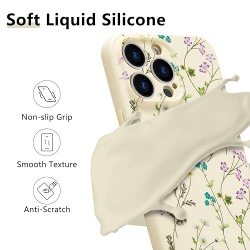 RALEAVO Floral Case for iPhone 16 Pro MaxLiquid Silicone Cover with Cute Flower Branch Pattern for Girls Women Slim Soft Rubber Protective Phone Case for iPhone 16 Pro Max 69Beige - Image 3
