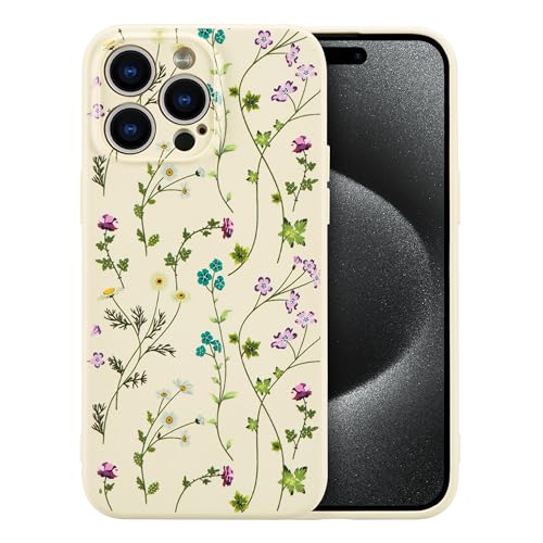 RALEAVO Floral Case for iPhone 16 Pro MaxLiquid Silicone Cover with Cute Flower Branch Pattern for Girls Women Slim Soft Rubber Protective Phone Case for iPhone 16 Pro Max 69Beige - Image 1
