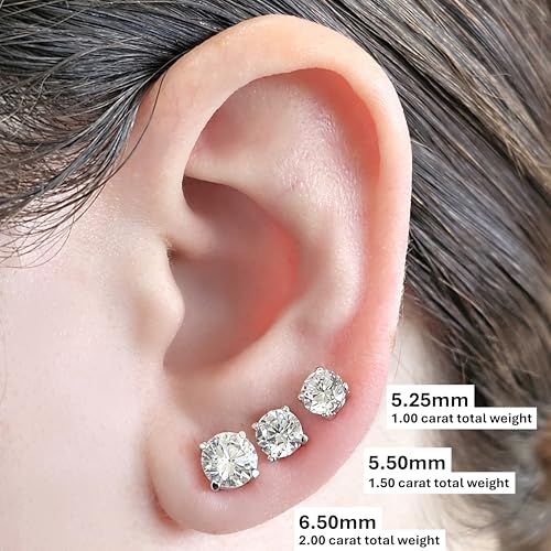 Central Diamond Center 14K Solid Gold Post & Sterling Silver 4 Prong CZ Stud Earrings - Platinum Plated - 6.50mm - 2.00cttw - Image 3