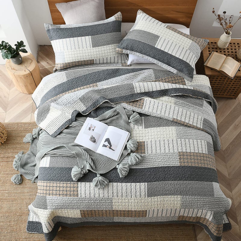 Finlonte Quilt King Size 100% Cotton King Size Quilts Grey Black Brown Quilted Bedspreads Plaid Comforter Set Lightweight Reversible Soft Breathable Bedding Sets for All Season, 3 Pieces - Image 5