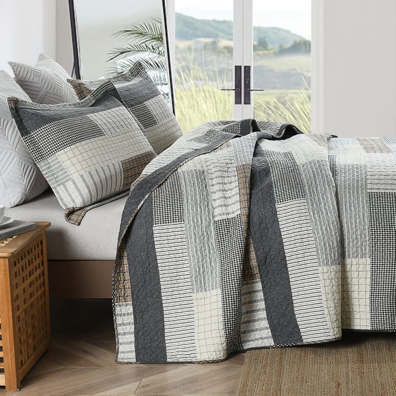 Finlonte Quilt King Size 100% Cotton King Size Quilts Grey Black Brown Quilted Bedspreads Plaid Comforter Set Lightweight Reversible Soft Breathable Bedding Sets for All Season, 3 Pieces - Image 3