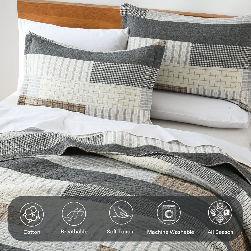 Finlonte Quilt King Size 100% Cotton King Size Quilts Grey Black Brown Quilted Bedspreads Plaid Comforter Set Lightweight Reversible Soft Breathable Bedding Sets for All Season, 3 Pieces - Image 4