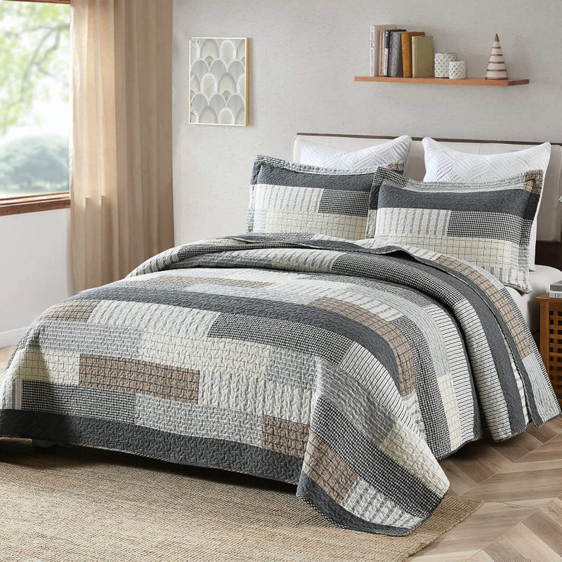 Finlonte Quilt King Size 100% Cotton King Size Quilts Grey Black Brown Quilted Bedspreads Plaid Comforter Set Lightweight Reversible Soft Breathable Bedding Sets for All Season, 3 Pieces - Image 2