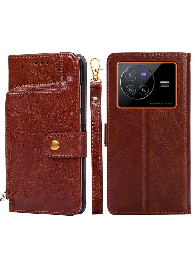 Green Tiger - For vivo X80 China Zipper Bag Leather Phone Case(Brown) - Image 1