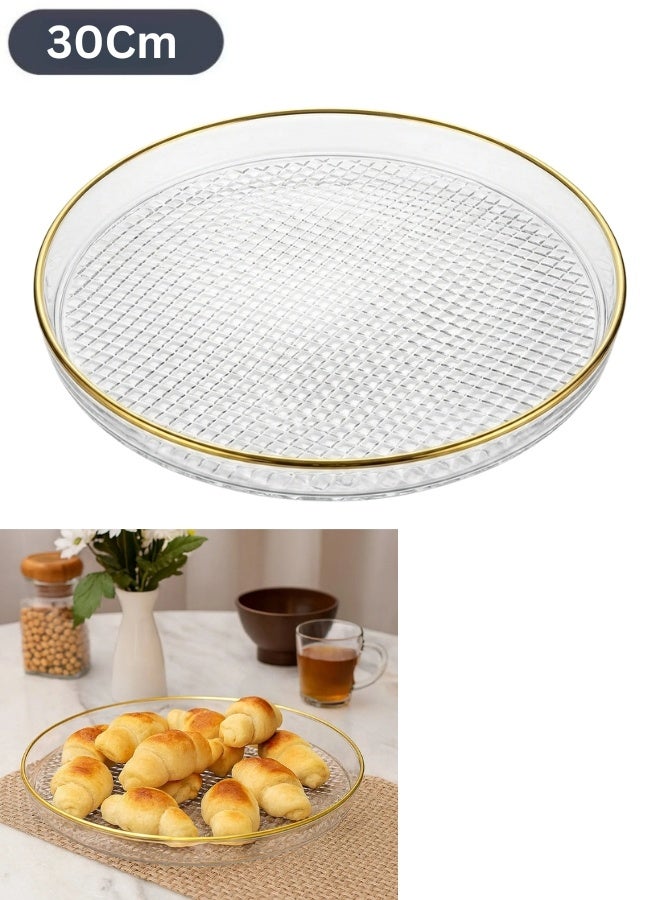 Luxury Round Acrylic Multi-Purpose Serving Tray 30 cm – Transparent Textured Decorative Serving Tray with Elegant Gold Rim, Durable PET + PP Material, Ideal for Desserts, Drinks, Snacks and Home Decoration with Modern Luxury Style - Image 1