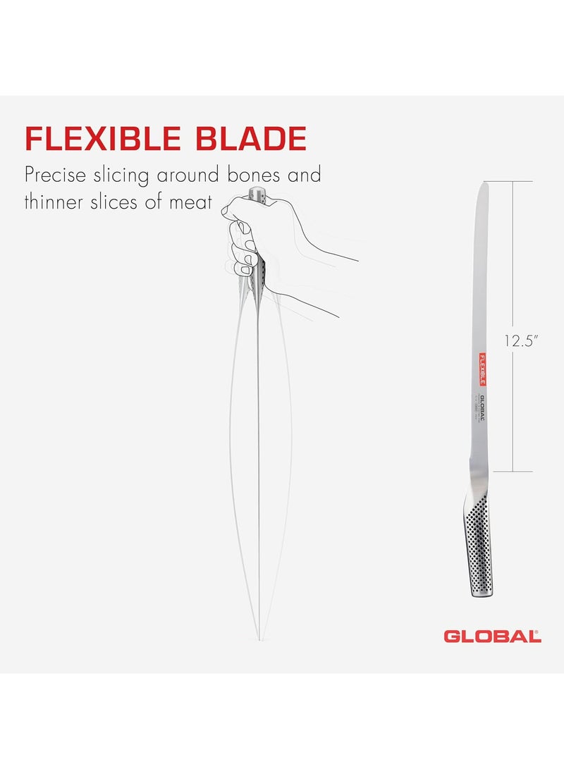 Global Salmon Slicer 31 Cm. Stainless Steel. Ergonomic Dimpled Handles Ensures Safe Grip. Perfectly Balanced. Handcrafted In Japan. - Image 3