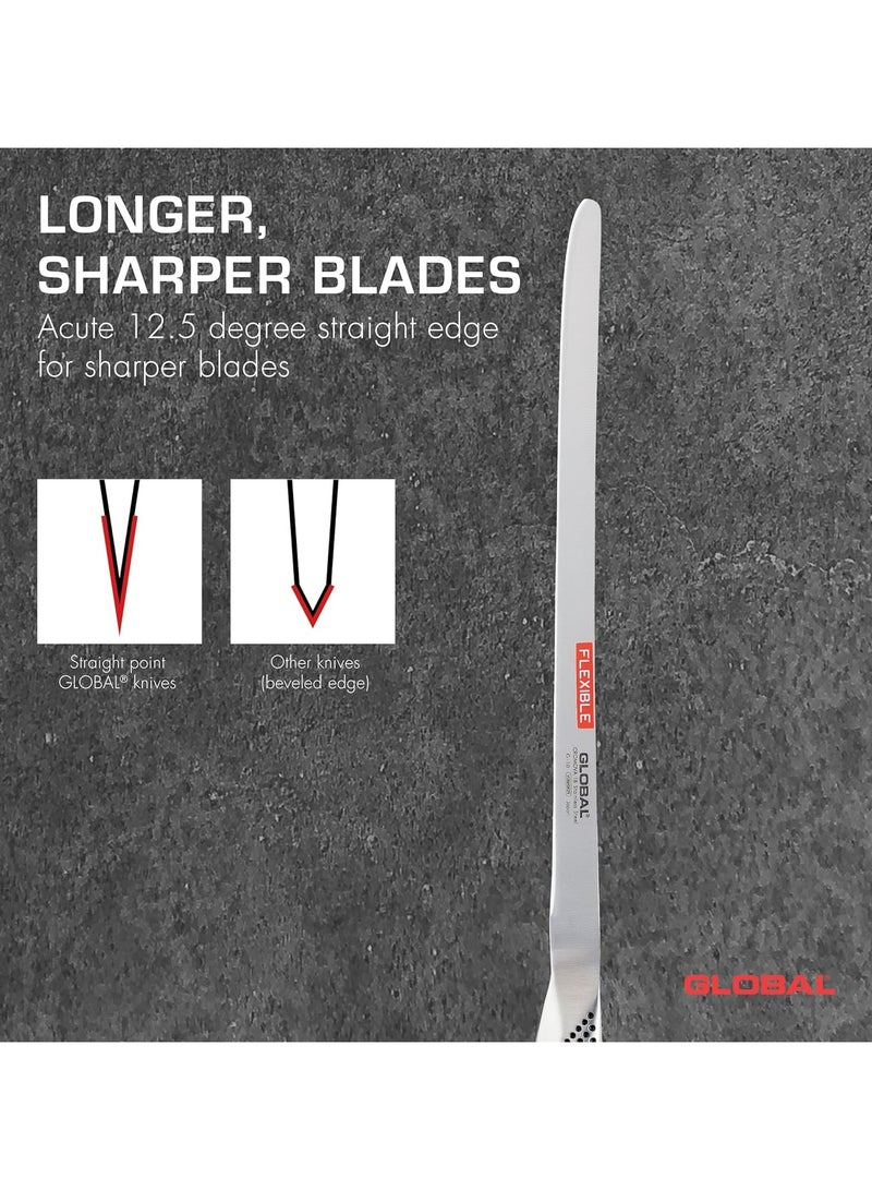 Global Salmon Slicer 31 Cm. Stainless Steel. Ergonomic Dimpled Handles Ensures Safe Grip. Perfectly Balanced. Handcrafted In Japan. - Image 4